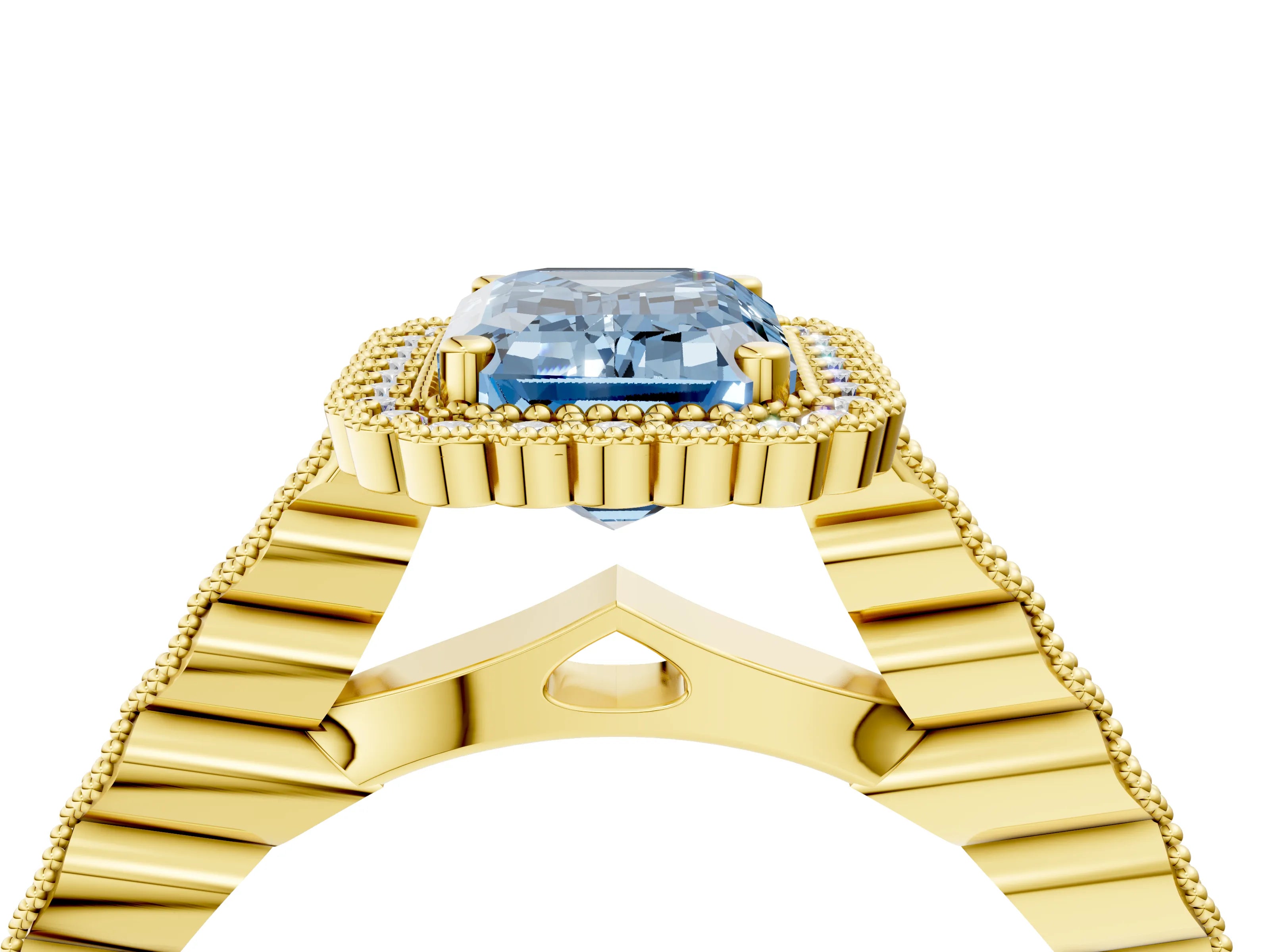 Yellow gold Fancy Blue Emerald Cut Cut Halo Pavé Solitaire Ring with Milgrain Band_4