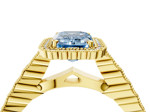 Yellow gold Fancy Blue Emerald Cut Cut Halo Pavé Solitaire Ring with Milgrain Band_4