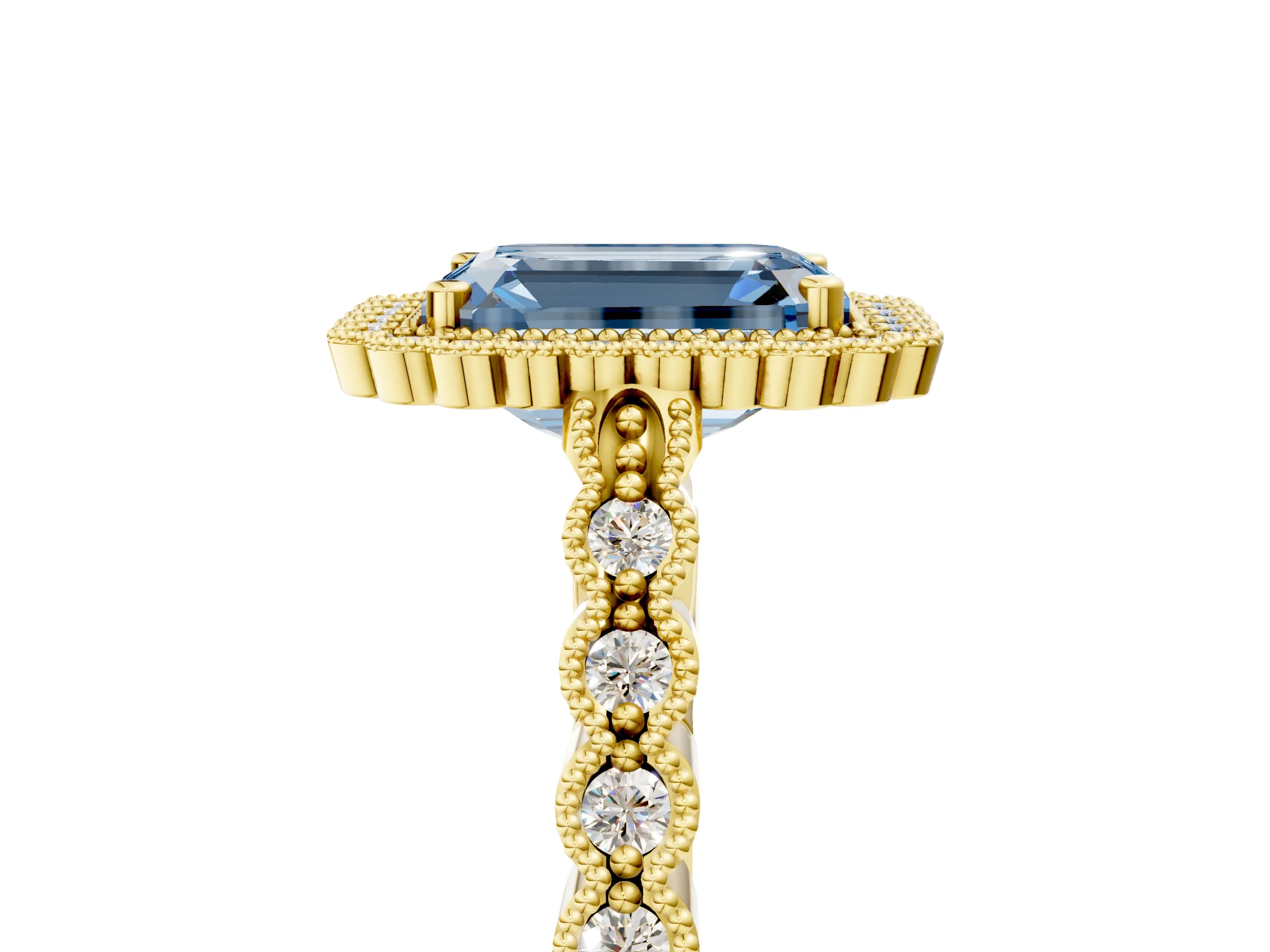 Yellow gold Fancy Blue Emerald Cut Cut Halo Pavé Solitaire Ring with Milgrain Band_5