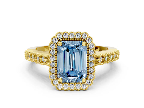 Yellow gold Fancy Blue Emerald Cut Cut Halo Pavé Solitaire Ring with Milgrain Band