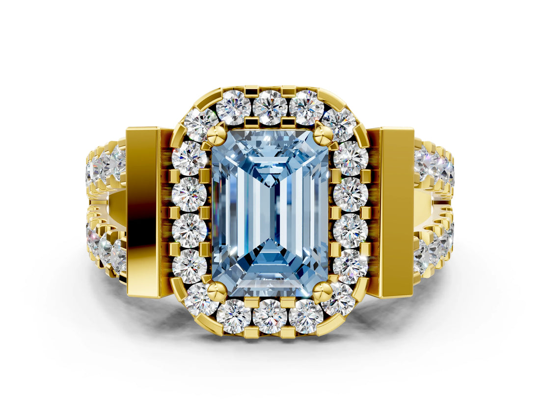 Yellow gold Fancy Blue Emerald Cut Cut Halo Split Shank Prong Set Ring