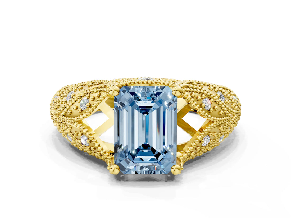 Yellow gold Fancy Blue Emerald Cut Cut Milgrain Pave Diamond Engagement Ring with Four-Prong Setting_15