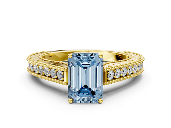 Yellow gold Fancy Blue Emerald Cut Cut Pave Band Milgrain Solitaire Ring
