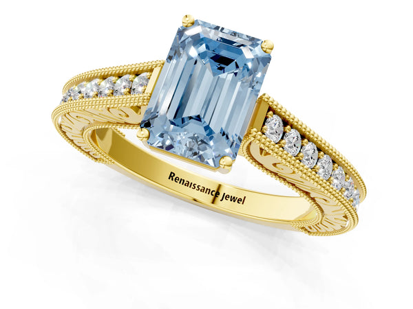 Yellow gold Fancy Blue Emerald Cut Cut Pave Band Milgrain Solitaire Ring