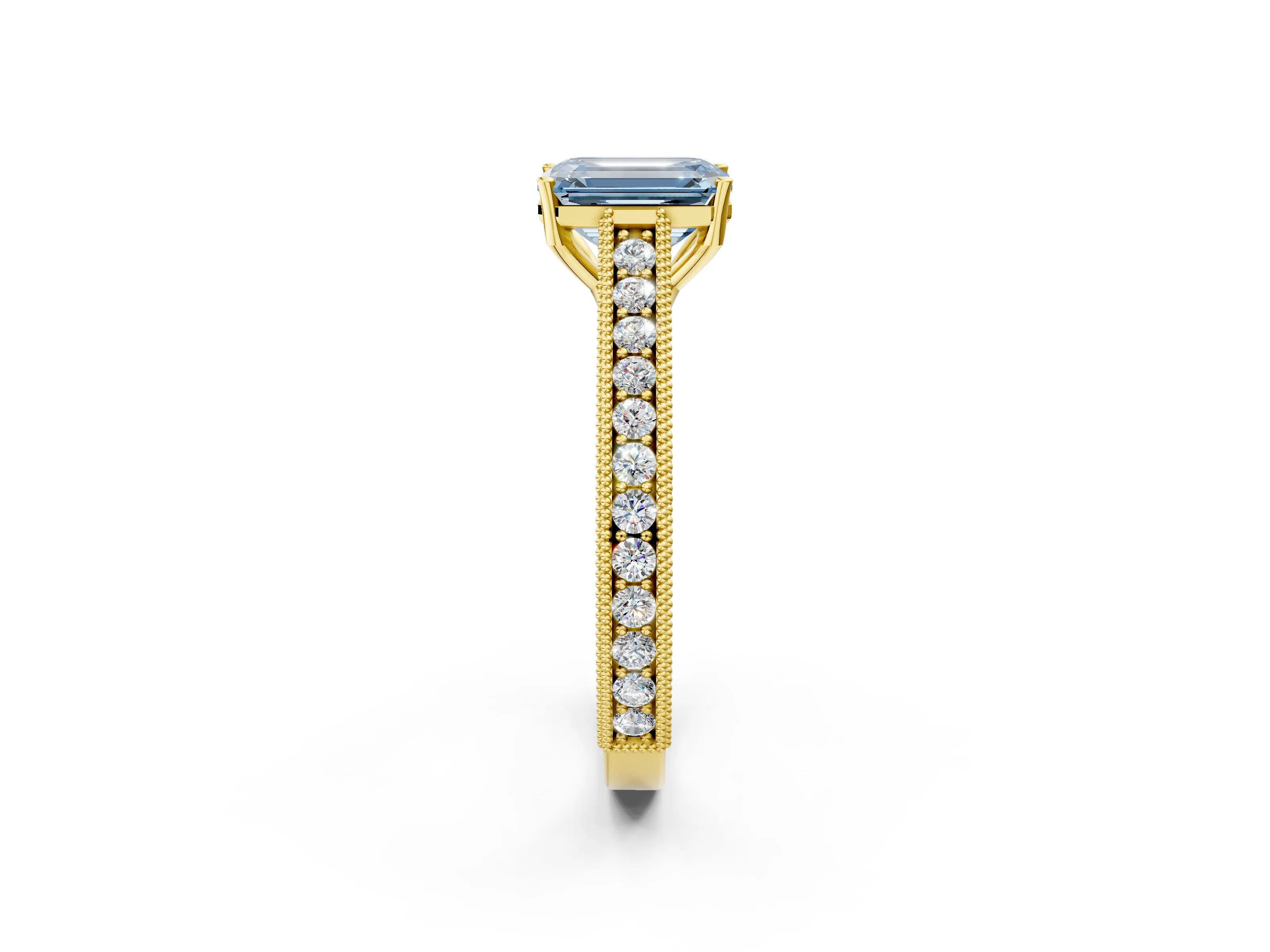 Yellow gold Fancy Blue Emerald Cut Cut Pave Band Milgrain Solitaire Ring_2
