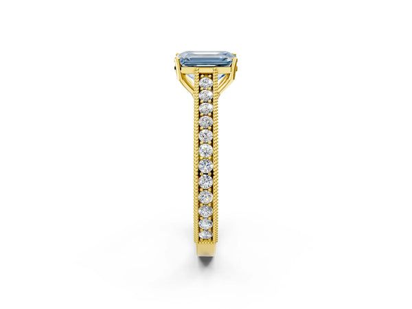 Yellow gold Fancy Blue Emerald Cut Cut Pave Band Milgrain Solitaire Ring