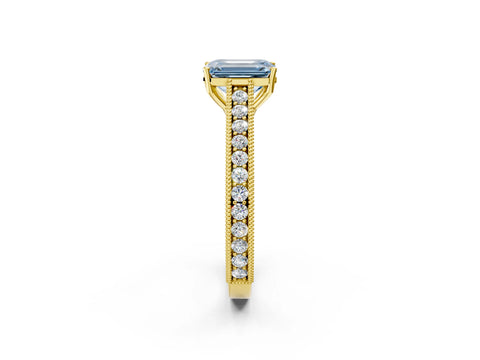 Yellow gold Fancy Blue Emerald Cut Cut Pave Band Milgrain Solitaire Ring_2