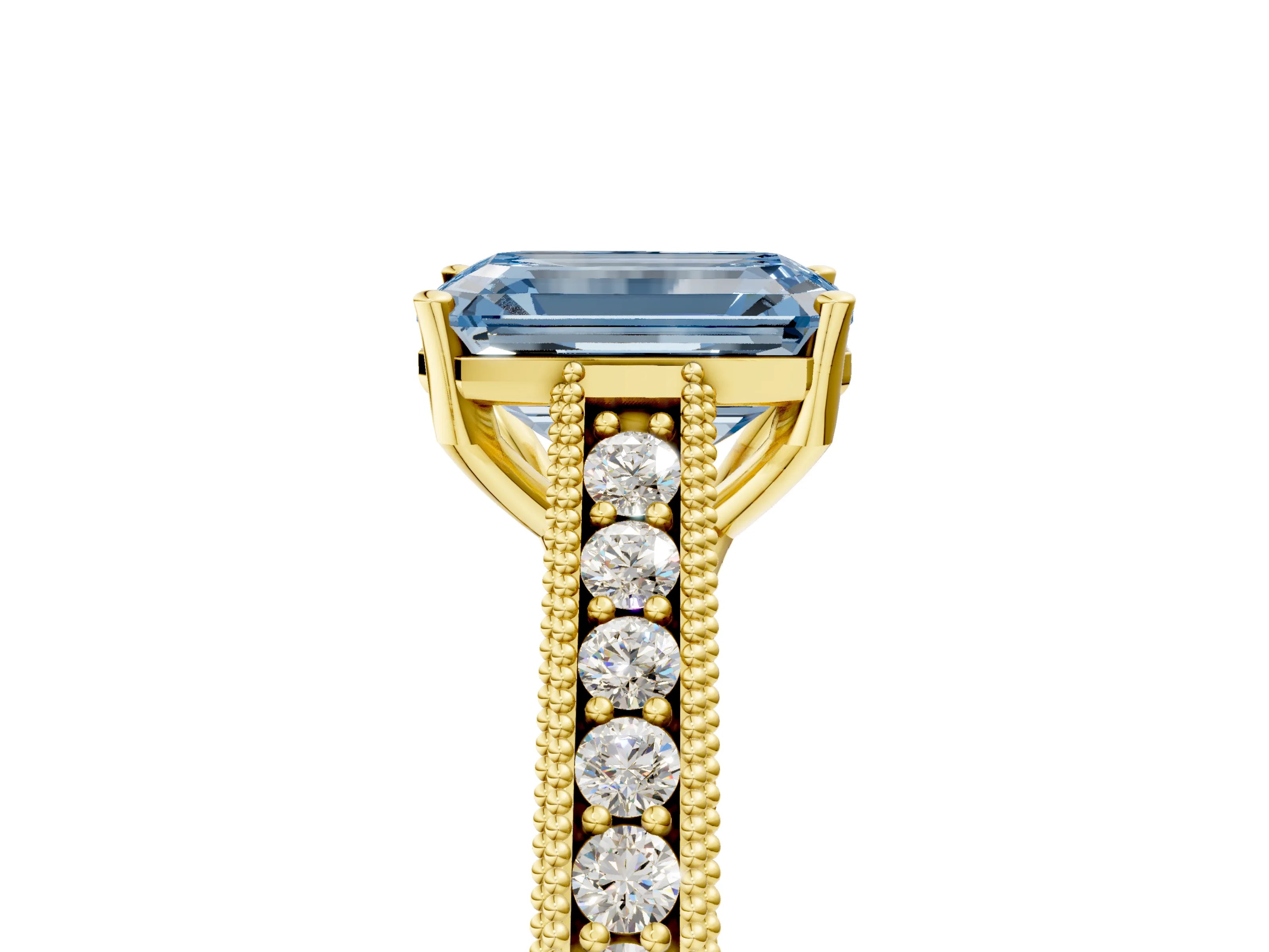Yellow gold Fancy Blue Emerald Cut Cut Pave Band Milgrain Solitaire Ring_5