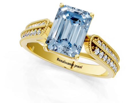 Yellow gold Fancy Blue Emerald Cut Cut Pave Split Shank Engagement Ring with Four-Prong Setting_1