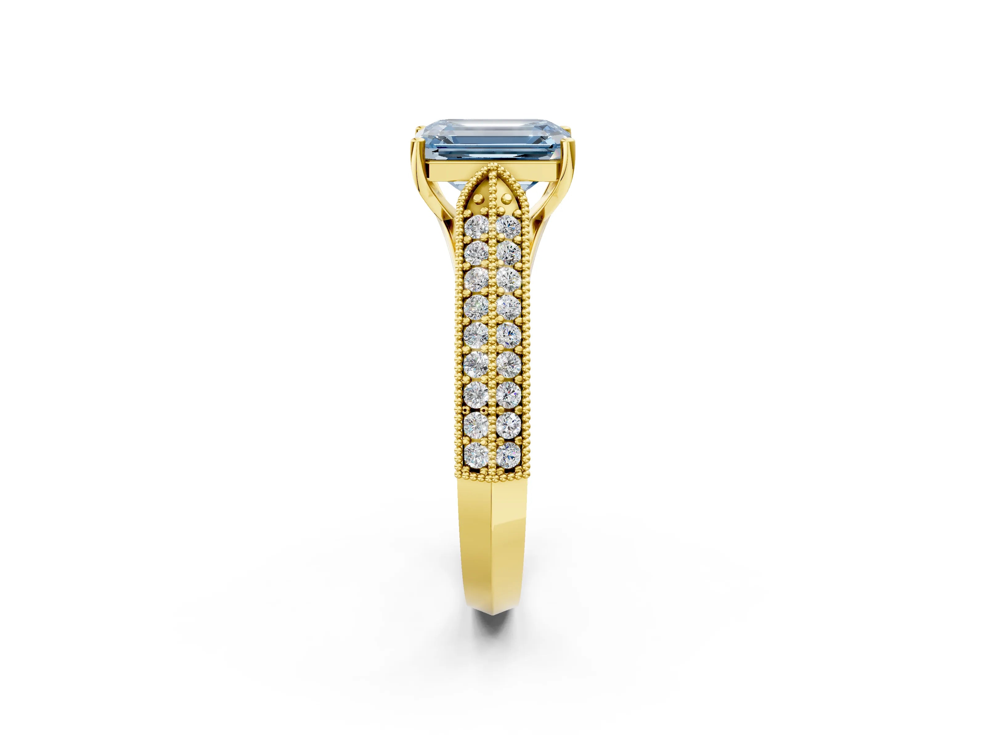 Yellow gold Fancy Blue Emerald Cut Cut Pave Split Shank Engagement Ring with Four-Prong Setting_2