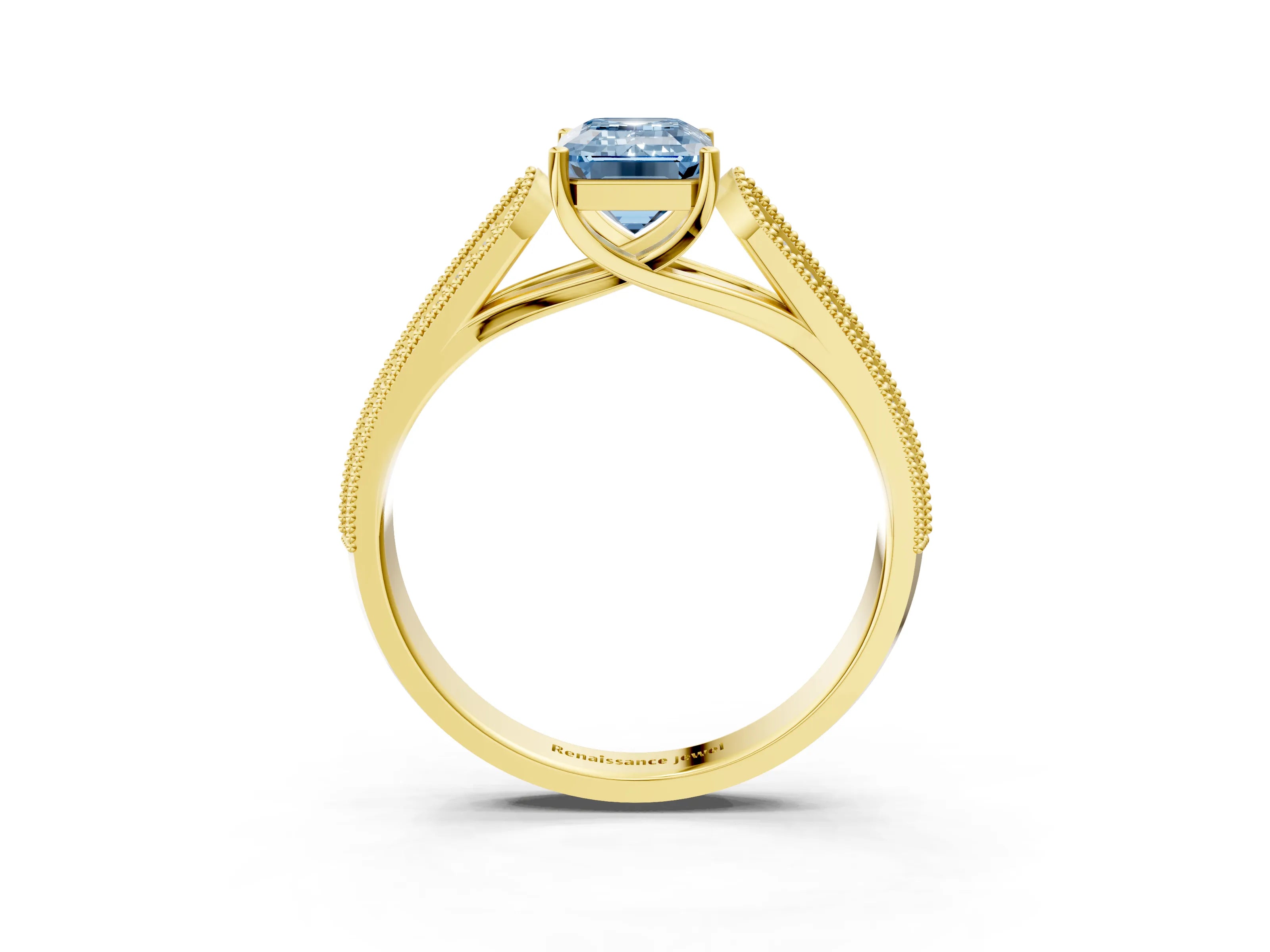 Yellow gold Fancy Blue Emerald Cut Cut Pave Split Shank Engagement Ring with Four-Prong Setting_3