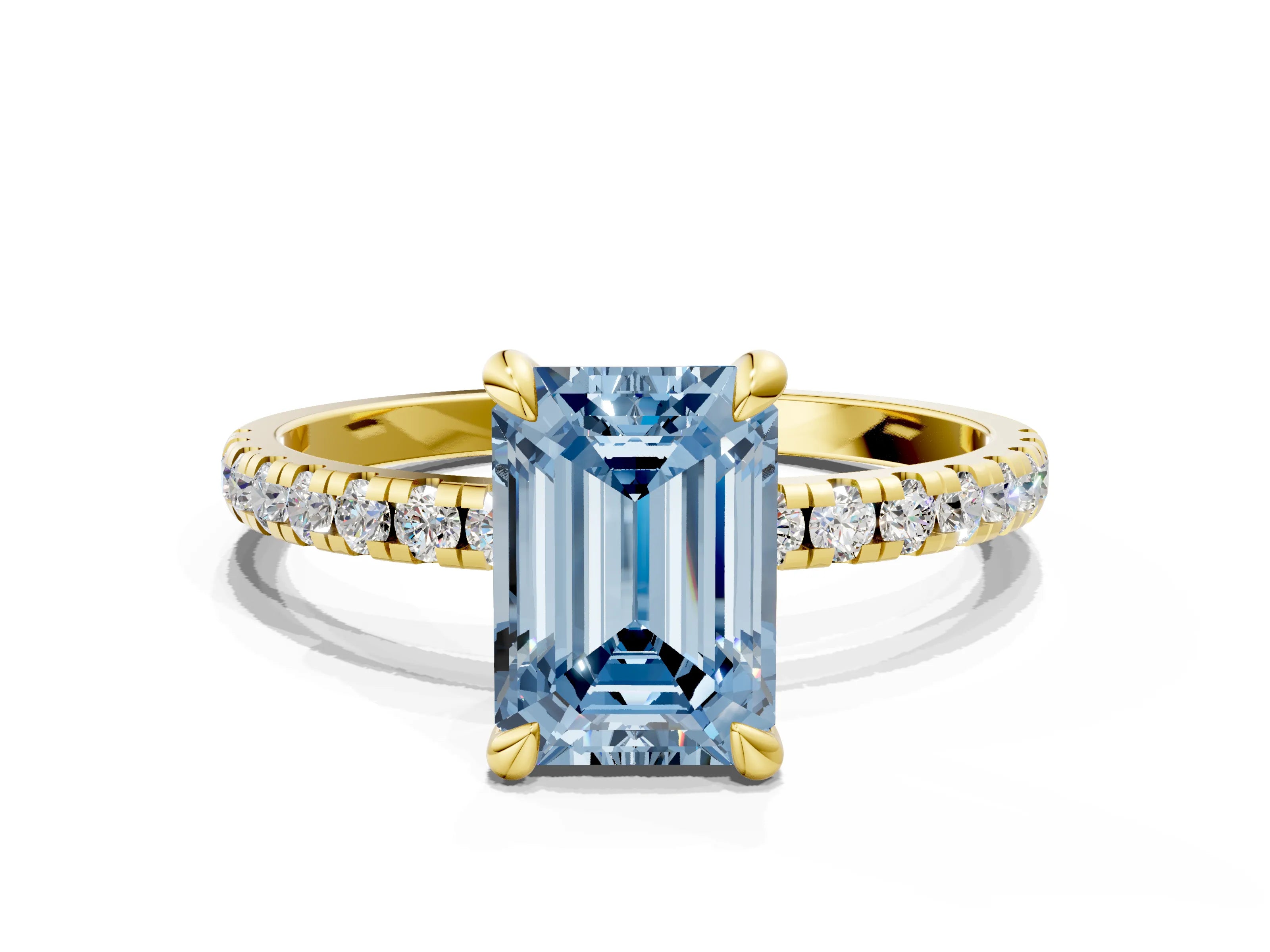 Yellow gold Fancy Blue Emerald Cut Diamond Brilliant Solitaire Ring with Pavé Band and Four-Prong Setting