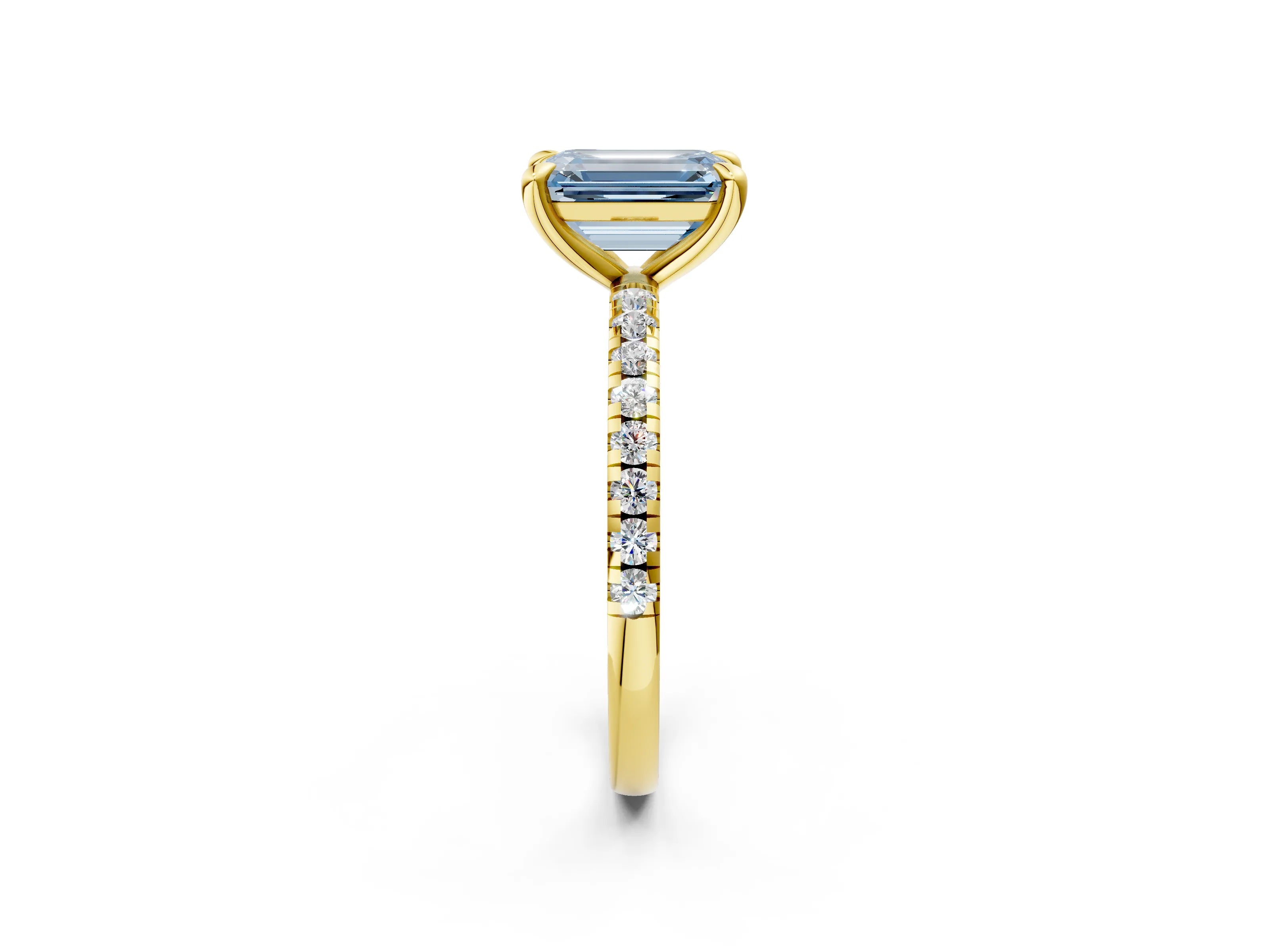 Yellow gold Fancy Blue Emerald Cut Diamond Brilliant Solitaire Ring with Pavé Band and Four-Prong Setting_2