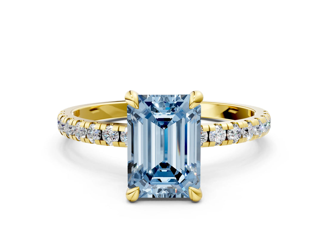 Yellow gold Fancy Blue Emerald Cut Diamond Brilliant Solitaire Ring with Pavé Band and Four-Prong Setting_24