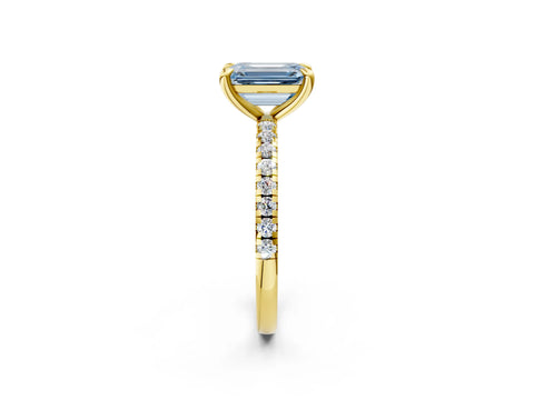 Yellow gold Fancy Blue Emerald Cut Diamond Brilliant Solitaire Ring with Pavé Band and Four-Prong Setting_2
