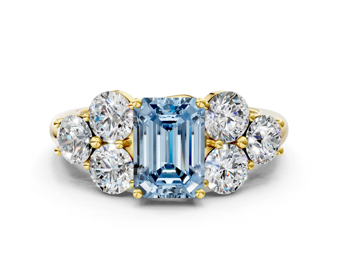 Yellow gold Fancy Blue Emerald  Cut Diamond Cluster Ring with Round Accent Stones and Prong Setting on a Classic Band_48
