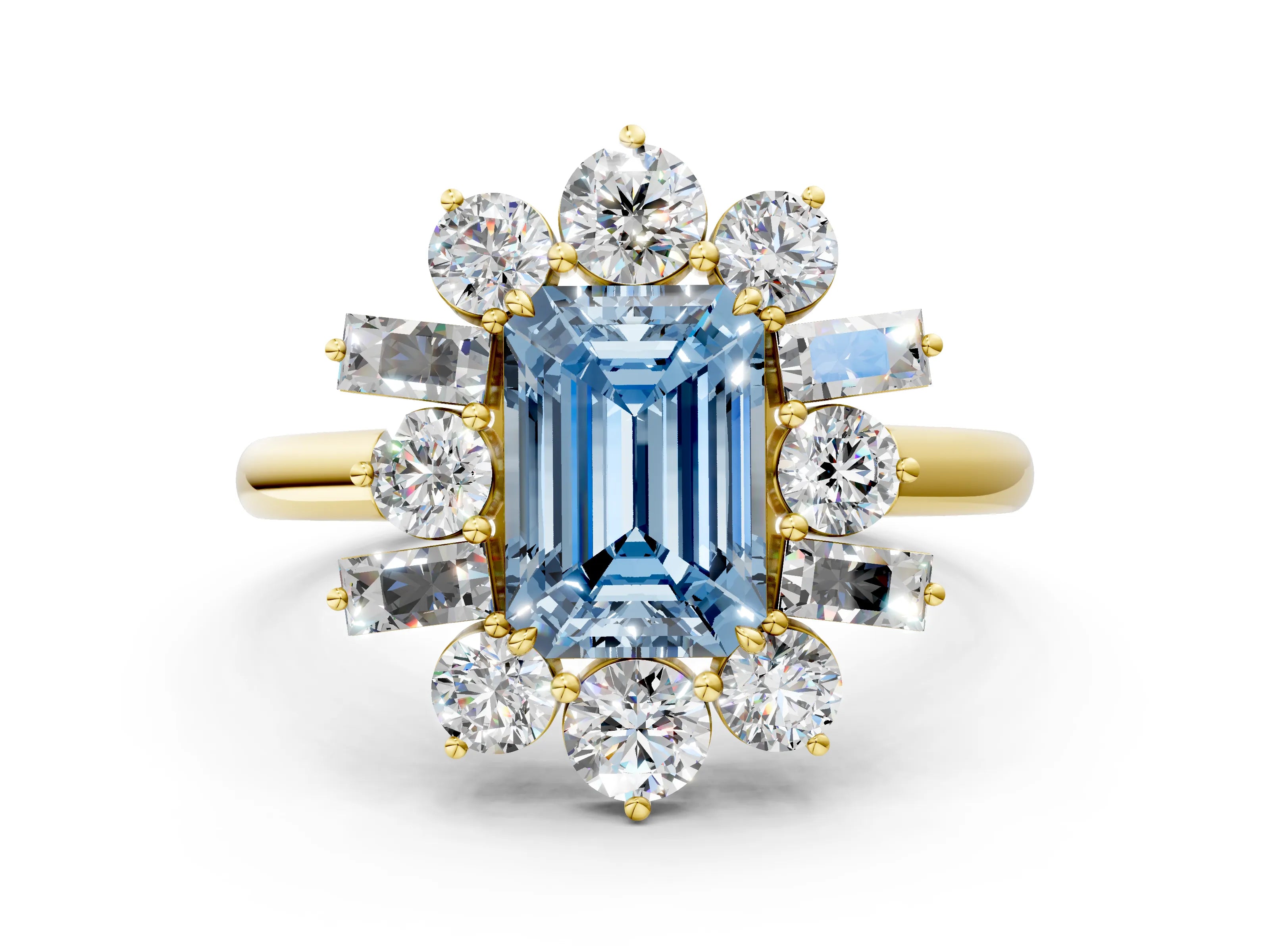 Yellow gold Fancy Blue Emerald Cut Diamond Cluster Ring with Round and Baguette Stones, Split Shank Band, Prong Setting