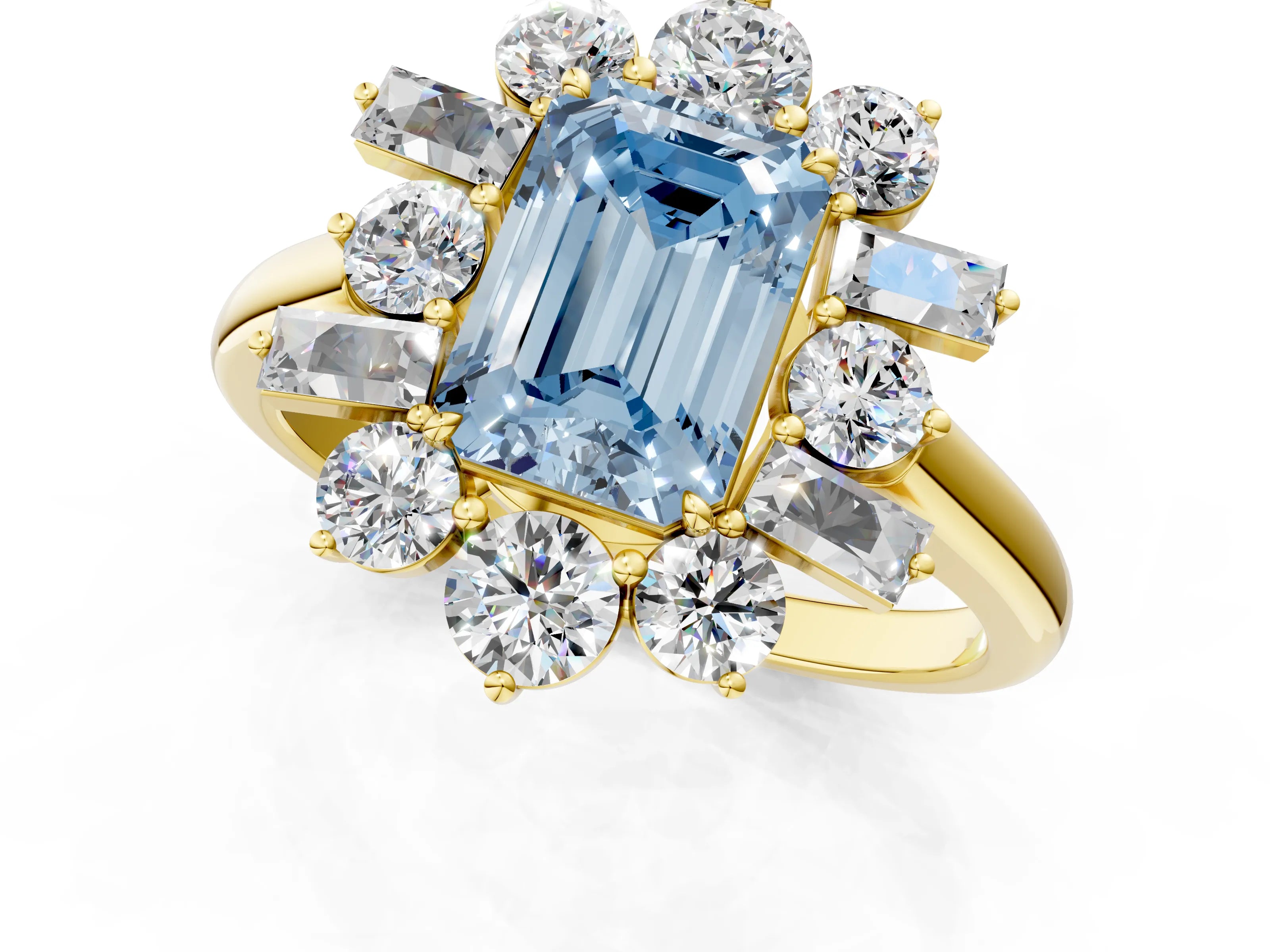 Yellow gold Fancy Blue Emerald Cut Diamond Cluster Ring with Round and Baguette Stones, Split Shank Band, Prong Setting_1