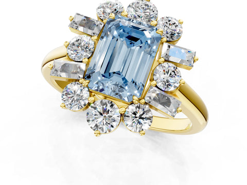 Yellow gold Fancy Blue Emerald Cut Diamond Cluster Ring with Round and Baguette Stones, Split Shank Band, Prong Setting_1