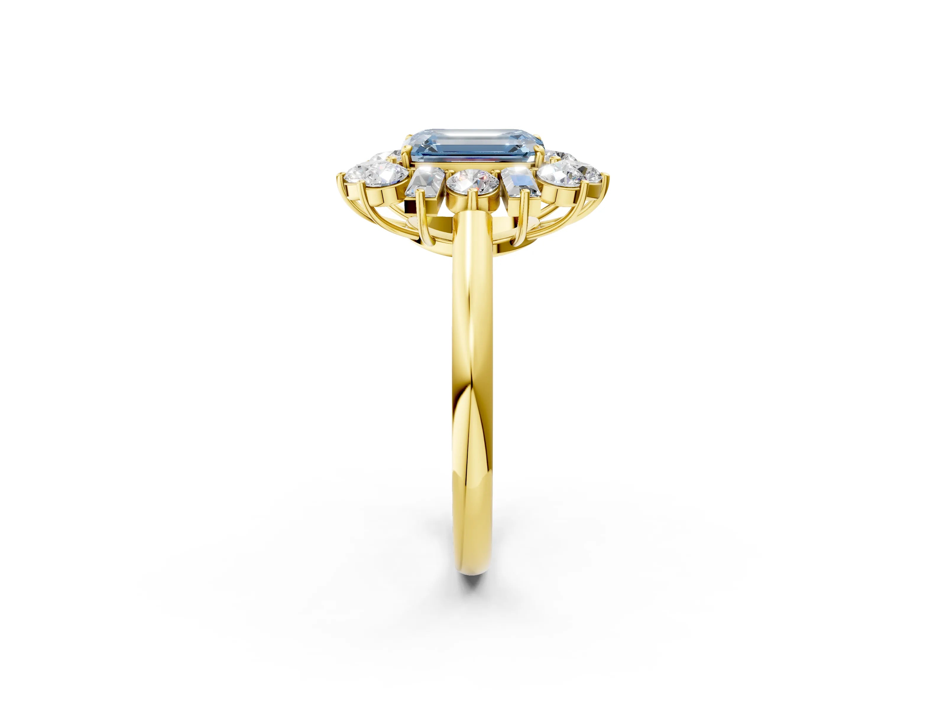 Yellow gold Fancy Blue Emerald Cut Diamond Cluster Ring with Round and Baguette Stones, Split Shank Band, Prong Setting_2