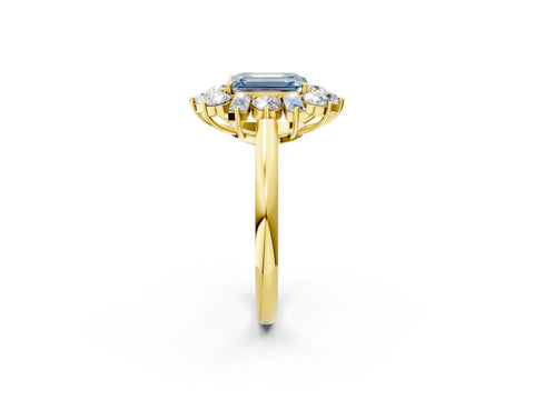 Yellow gold Fancy Blue Emerald Cut Diamond Cluster Ring with Round and Baguette Stones, Split Shank Band, Prong Setting_2