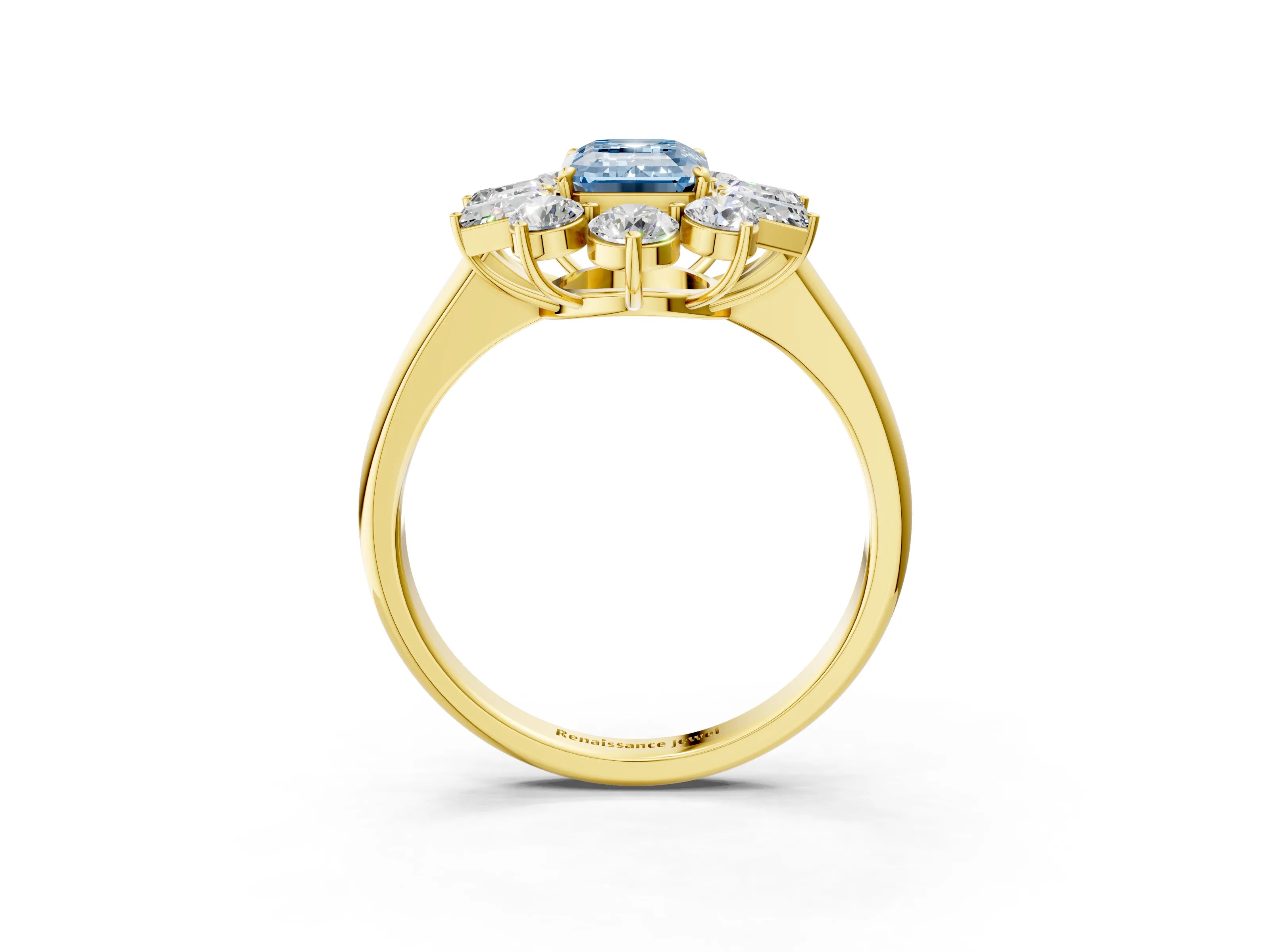 Yellow gold Fancy Blue Emerald Cut Diamond Cluster Ring with Round and Baguette Stones, Split Shank Band, Prong Setting_3