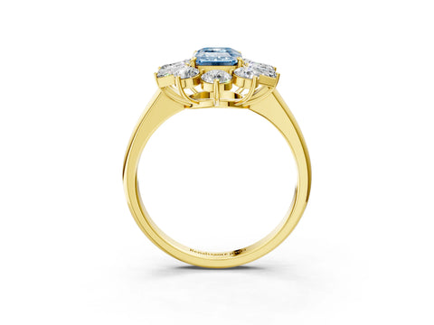 Yellow gold Fancy Blue Emerald Cut Diamond Cluster Ring with Round and Baguette Stones, Split Shank Band, Prong Setting_3