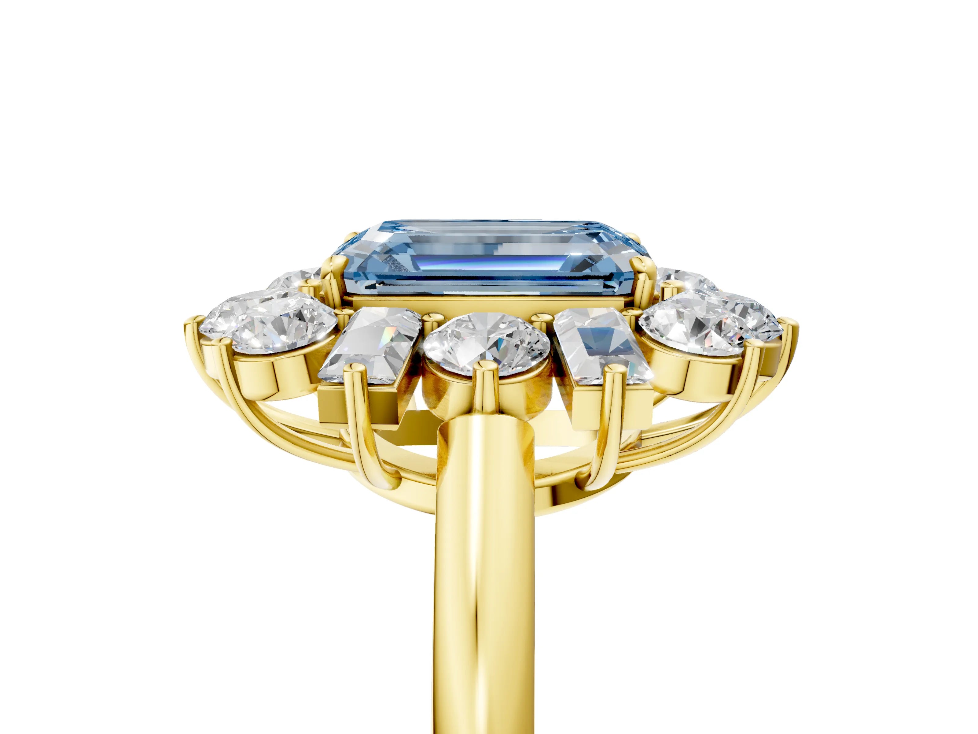 Yellow gold Fancy Blue Emerald Cut Diamond Cluster Ring with Round and Baguette Stones, Split Shank Band, Prong Setting_5