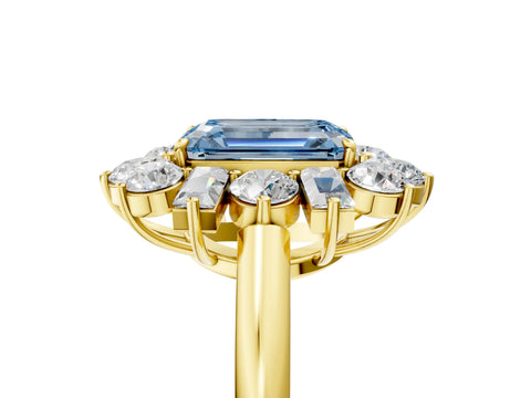Yellow gold Fancy Blue Emerald Cut Diamond Cluster Ring with Round and Baguette Stones, Split Shank Band, Prong Setting_5