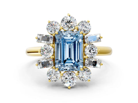 Yellow gold Fancy Blue Emerald Cut Diamond Cluster Ring with Round and Baguette Stones, Split Shank Band, Prong Setting