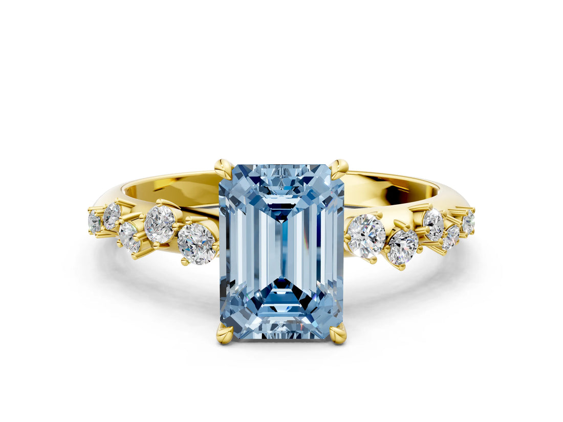 Yellow gold Fancy Blue Emerald Cut Diamond Cluster Side Stone Solitaire Ring with Prong Setting_53