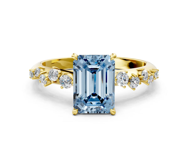 Yellow gold Fancy Blue Emerald Cut Diamond Cluster Side Stone Solitaire Ring with Prong Setting