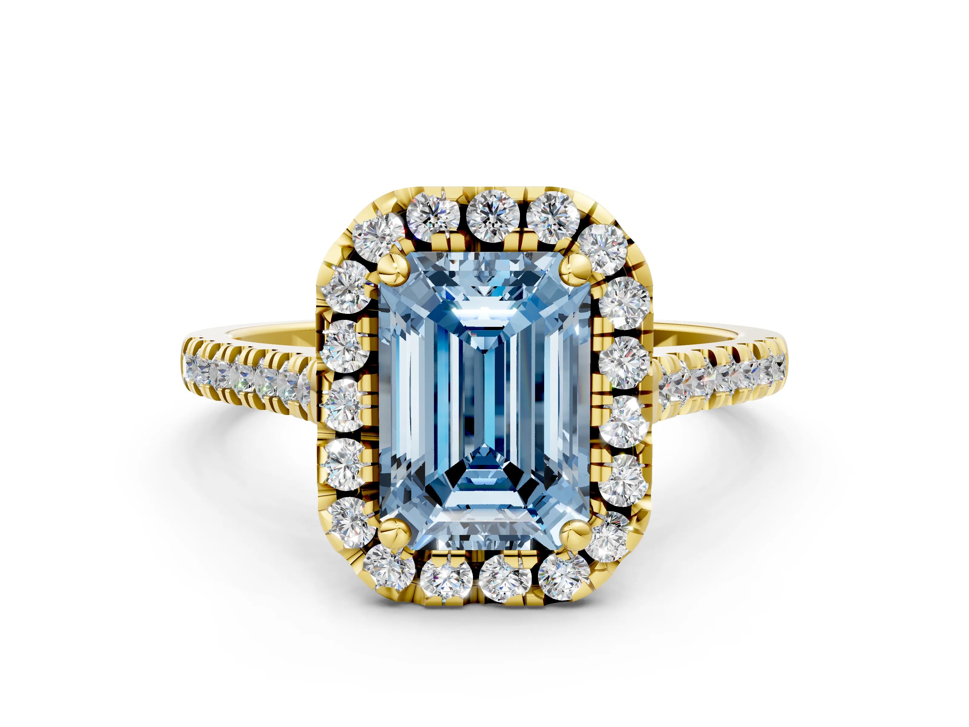 Yellow gold Fancy Blue Emerald Cut Diamond Cushion Halo Ring with Pavé Band