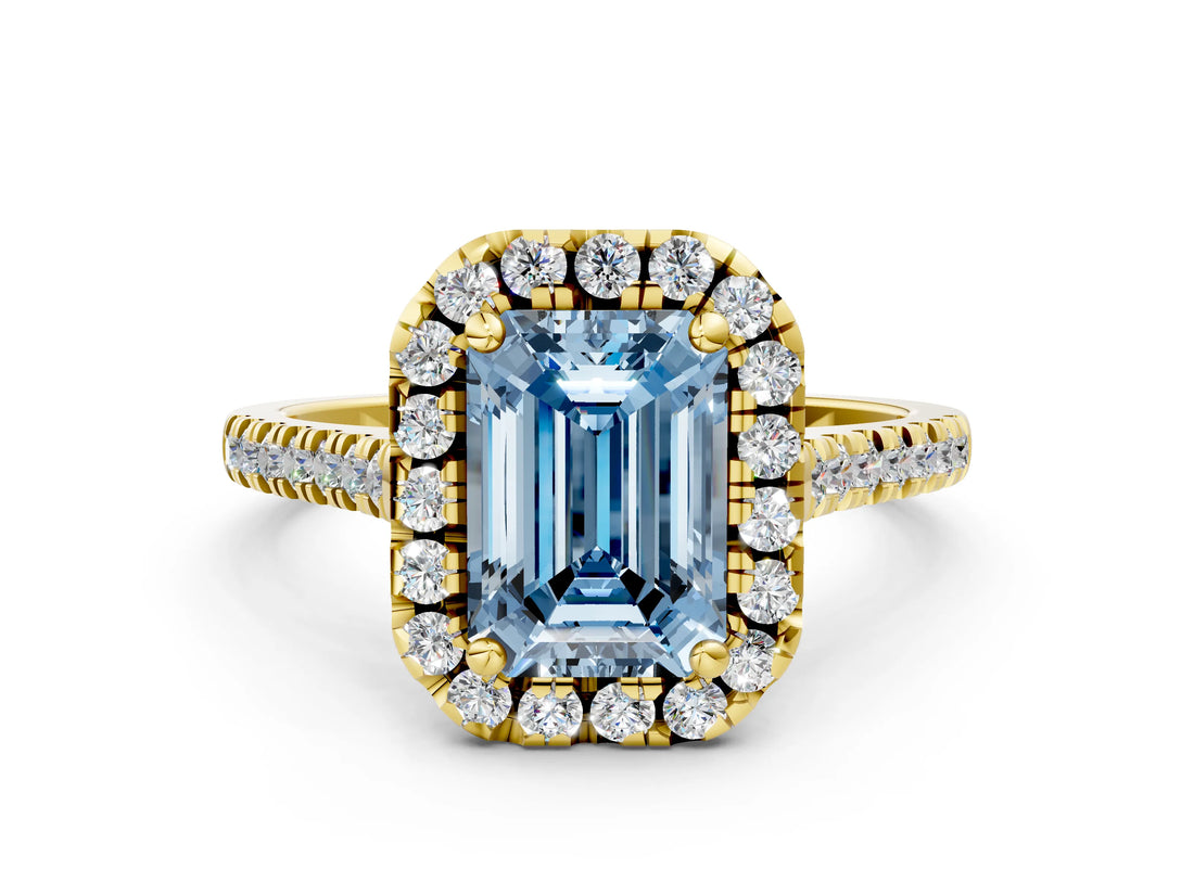 Yellow gold Fancy Blue Emerald Cut Diamond Cushion Halo Ring with Pavé Band