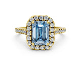 Yellow gold Fancy Blue Emerald Cut Diamond Cushion Halo Ring with Pavé Band