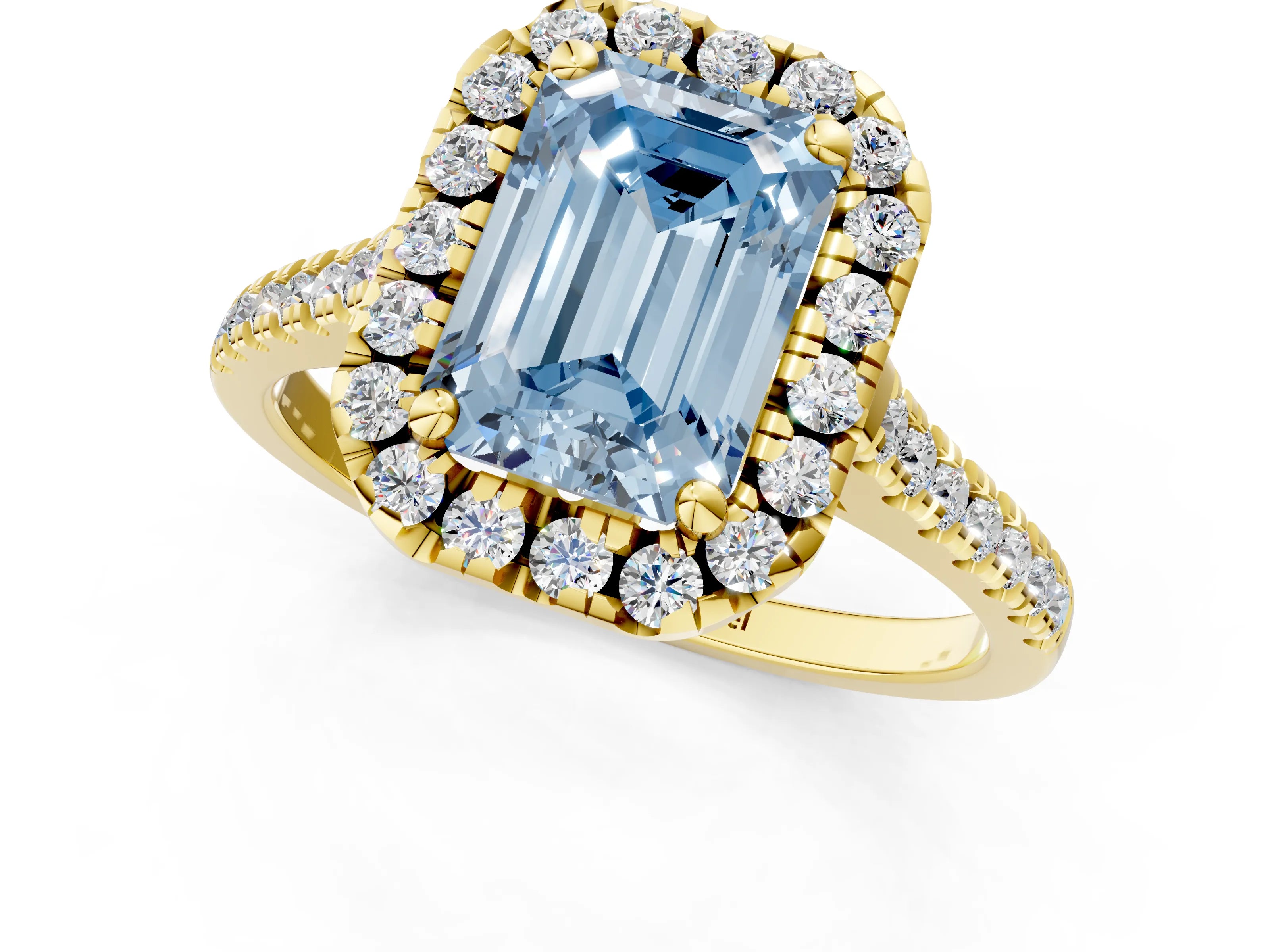 Yellow gold Fancy Blue Emerald Cut Diamond Cushion Halo Ring with Pavé Band_1