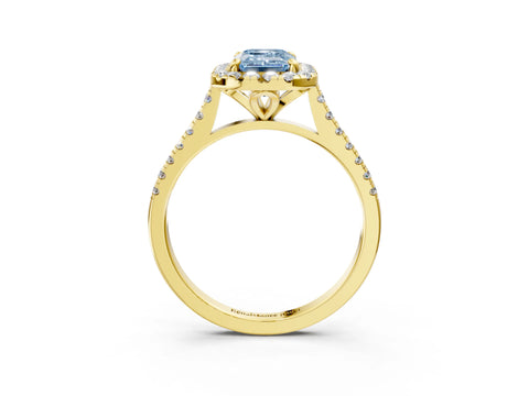 Yellow gold Fancy Blue Emerald Cut Diamond Cushion Halo Ring with Pavé Band_3