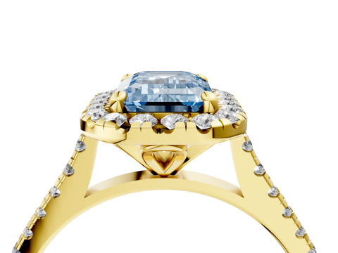 Yellow gold Fancy Blue Emerald Cut Diamond Cushion Halo Ring with Pavé Band_4