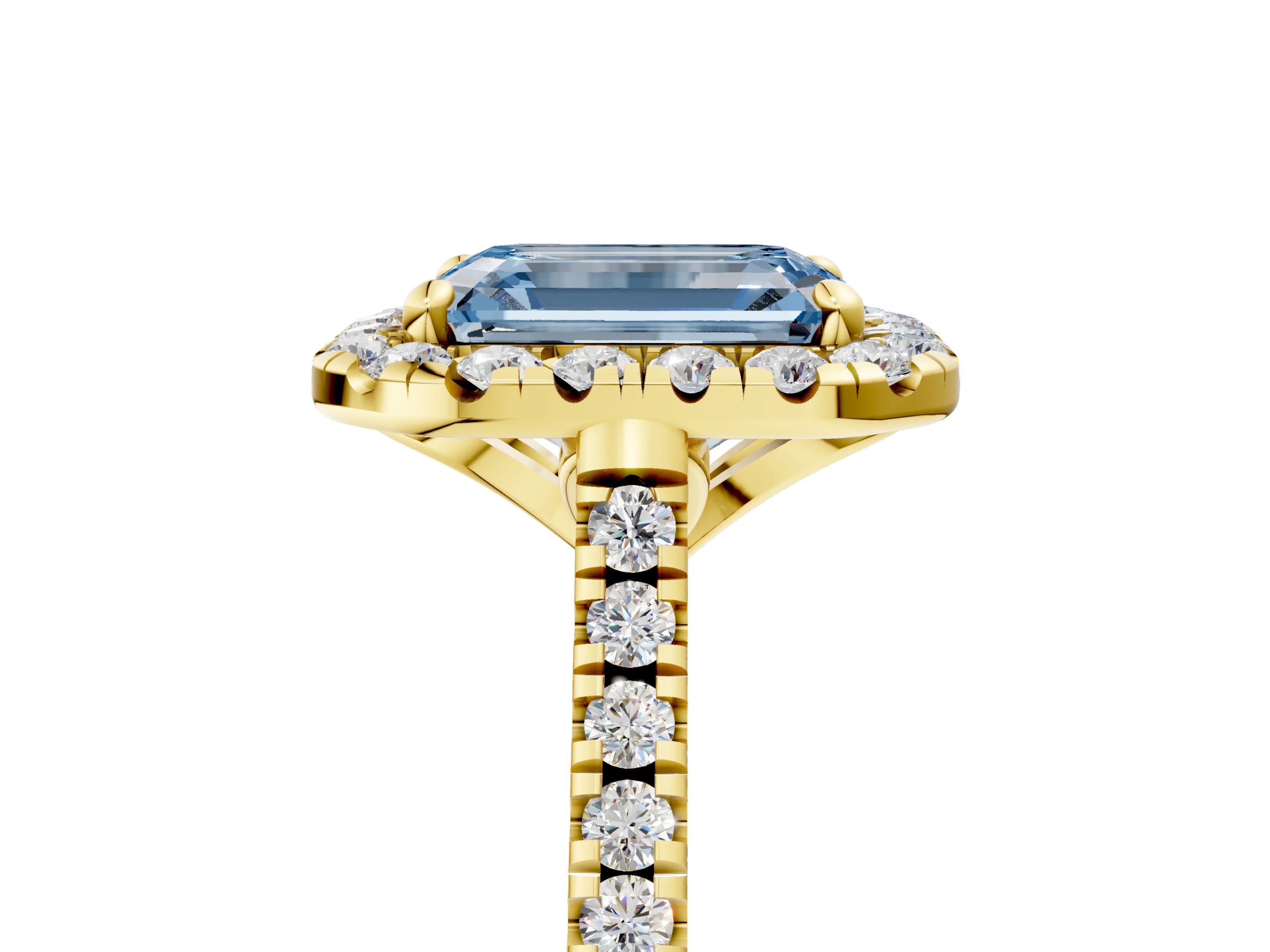 Yellow gold Fancy Blue Emerald Cut Diamond Cushion Halo Ring with Pavé Band_5