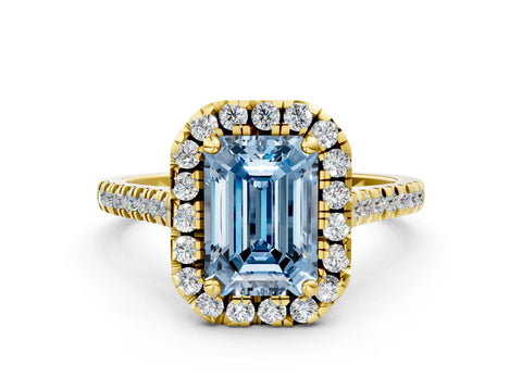 Yellow gold Fancy Blue Emerald Cut Diamond Cushion Halo Ring with Pavé Band
