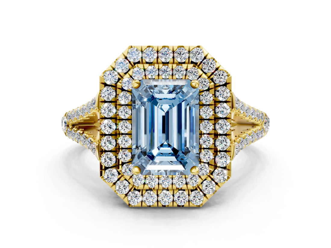 Yellow gold Fancy Blue Emerald Cut Diamond Double Halo Ring with Pavé Band and Prong Setting_92