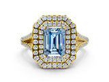 Yellow gold Fancy Blue Emerald Cut Diamond Double Halo Ring with Pavé Band and Prong Setting_92