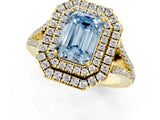 Yellow gold Fancy Blue Emerald Cut Diamond Double Halo Ring with Pavé Band and Prong Setting_93