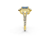 Yellow gold Fancy Blue Emerald Cut Diamond Double Halo Ring with Pavé Band and Prong Setting_94