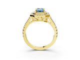 Yellow gold Fancy Blue Emerald Cut Diamond Double Halo Ring with Pavé Band and Prong Setting_95