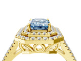 Yellow gold Fancy Blue Emerald Cut Diamond Double Halo Ring with Pavé Band and Prong Setting_96