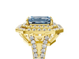 Yellow gold Fancy Blue Emerald Cut Diamond Double Halo Ring with Pavé Band and Prong Setting_97