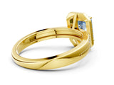 Yellow gold Fancy Blue Emerald Cut Diamond Double Halo Ring with Split Shank and Four-Prong Setting