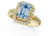 Yellow gold Fancy Blue Emerald Cut Diamond Double Halo Ring with Split Shank and Four-Prong Setting_1