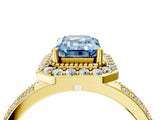 Yellow gold Fancy Blue Emerald Cut Diamond Double Halo Ring with Split Shank and Four-Prong Setting_4